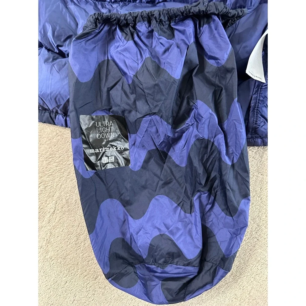 Uniqlo X Marimekko Ultra Light Down Jacket Kids 13 Blue‎ Puffer Packable Bag EUC